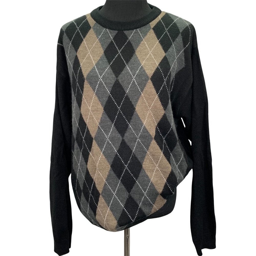 Argyle Sweater Black Tan Wool Blend size XL Men Crew Neck Academia